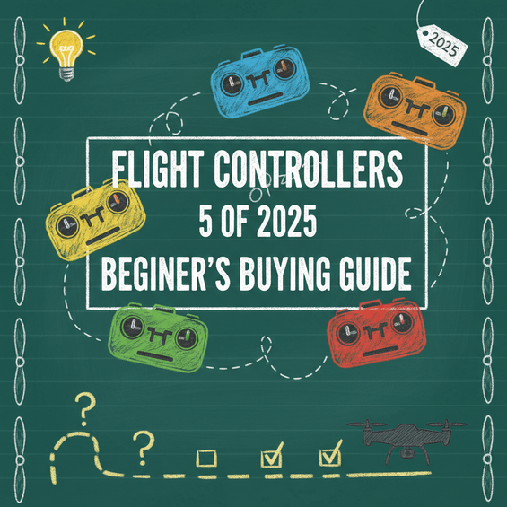 Hand-drawn illustration of flight controllers with the text "Flight Controllers 5 of 2025 Beginner's Buying Guide" and a drone silhouette.