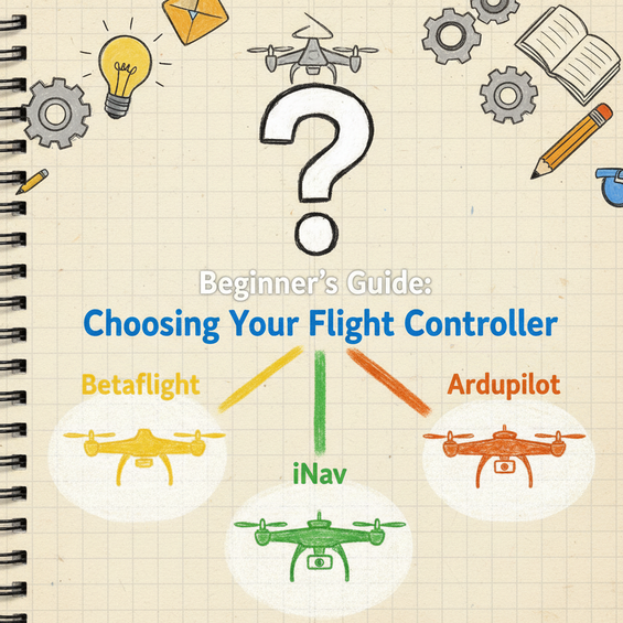 Beginner's guide illustration. Question mark above drawn drones: yellow (Betaflight), green (iNav), and red (Ardupilot), connected by colored lines.