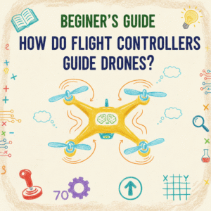 Illustration of a flight controller for a drone with a happy face, surrounded by drone parts and educational graphics. Text reads "Beginner's Guide to Flight Controllers."
