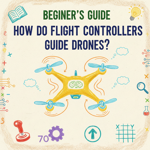 Illustration of a flight controller for a drone with a happy face, surrounded by drone parts and educational graphics. Text reads "Beginner's Guide to Flight Controllers."