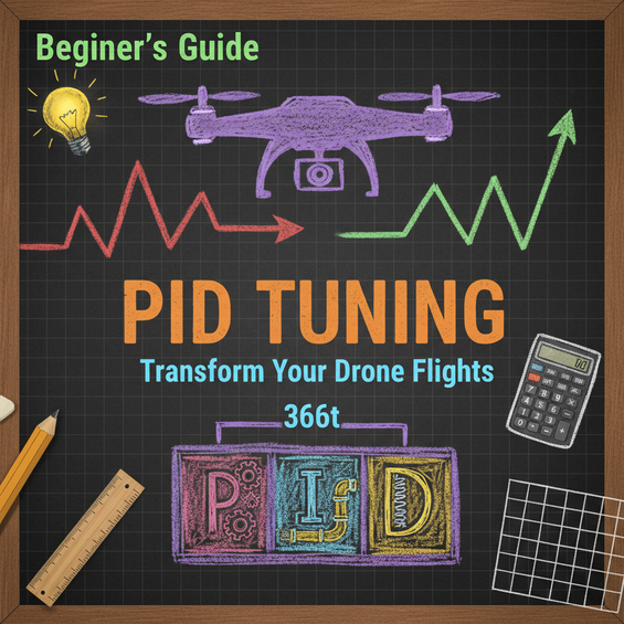 Chalkboard illustration explaining PID tuning for drones, featuring a drone, graphs, and PID acronym. Focuses on drone flight education.