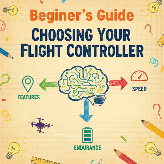 Illustrated educational graphic on choosing a drone flight controller. Shows a brain controlling features, speed, and endurance aspects.