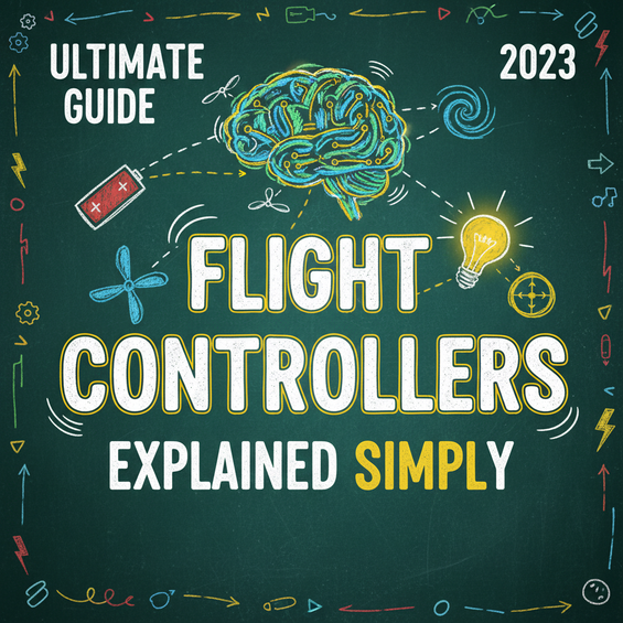 Chalkboard-style illustration explaining drone flight controller concepts. Features a brain, battery, propeller, lightbulb, and text: "Flight Controllers Explained Simply".