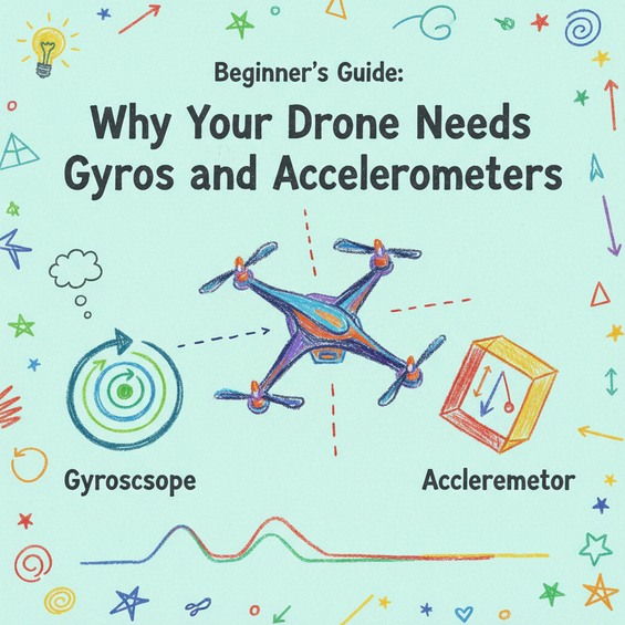 Hand-drawn illustration explaining drone gyroscopes and accelerometers. Includes a drone graphic, gyroscope diagram, accelerometer visualization, and beginner's guide title.