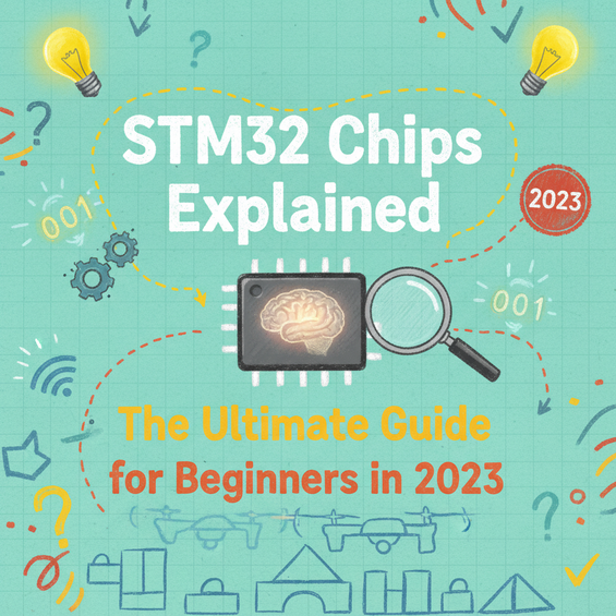 Hand-drawn illustration: STM32 chips, brain graphic, magnifying glass, and drone-related visuals. "STM32 Chips Explained: The Ultimate Guide for Beginners"