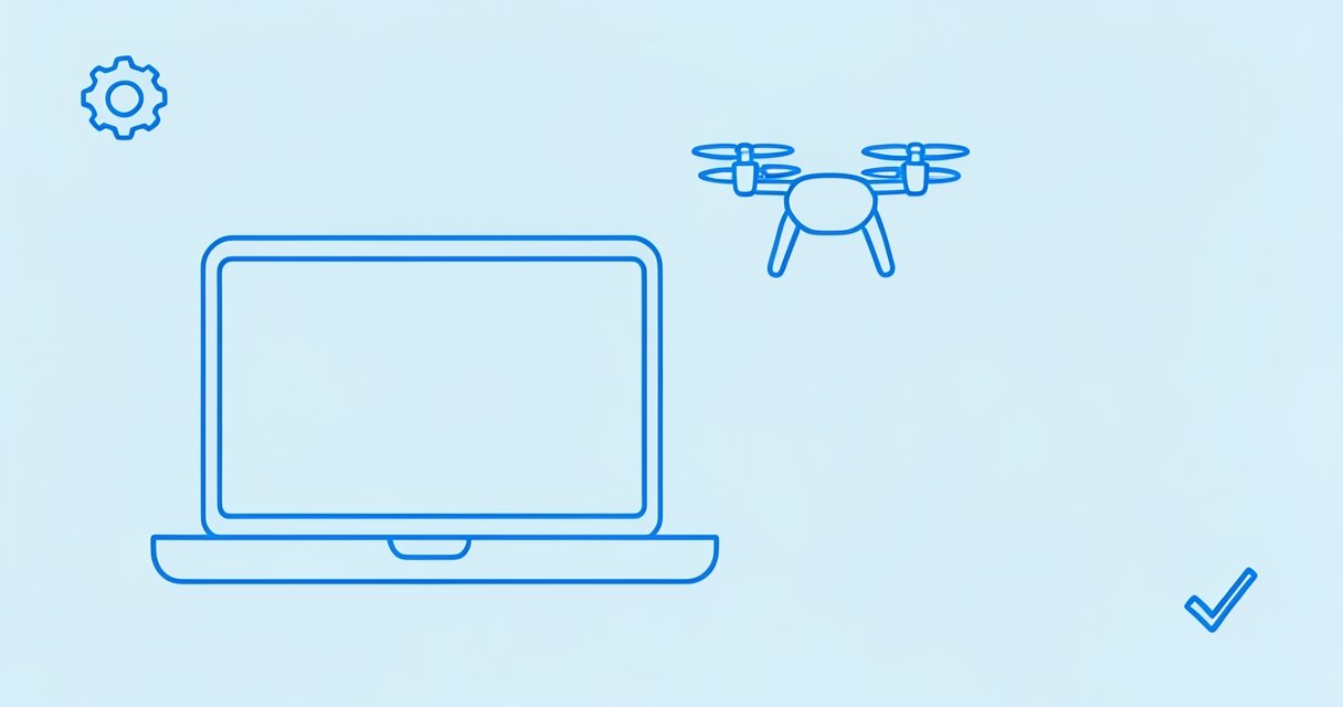 Blue line drawing of a laptop and a quadcopter hovering above it, with a gear icon and a checkmark on a pale sky background.